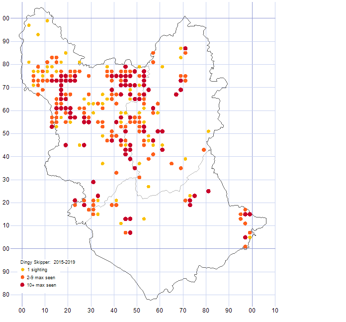 Dingy Skipper distribution map comparison of 2015-19