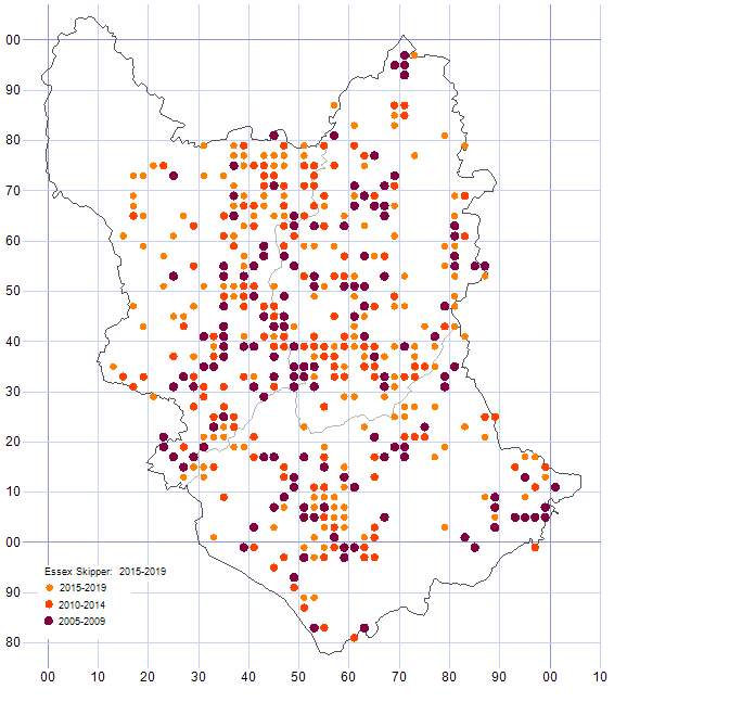 Essex Skipper distribution map comparison of 2005-09 & 2010-14 & 2015-2019
