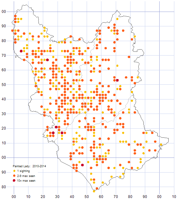 Painted Lady distribution map 2010-14