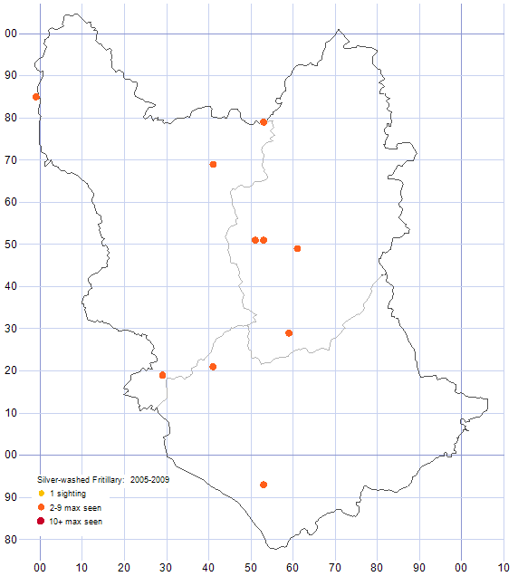Silver-washed Fritilary distribution map 2005-09