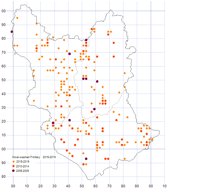 Silver-washed Fritilary distribution map comparison of 2005-19