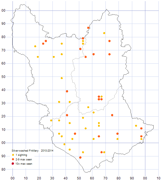 Silver-washed Fritilary distribution map 2010-14