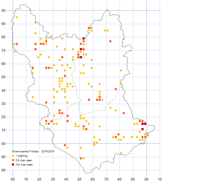 Silver-washed Fritilary distribution map comparison of 2015-19
